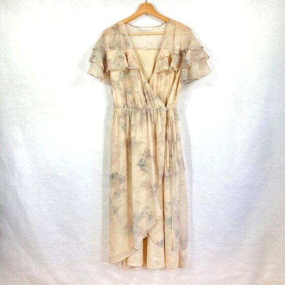 LC Lauren Conrad Watercolor Ruffle Faux Wrap Flounce Sleeve Dress Romantic Fairy - Picture 2 of 8